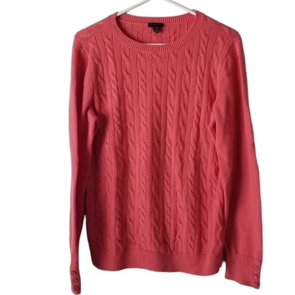 Talbots Button Cuff Cable Knit Sweater Lambswool Blend, Coral Pink Size L